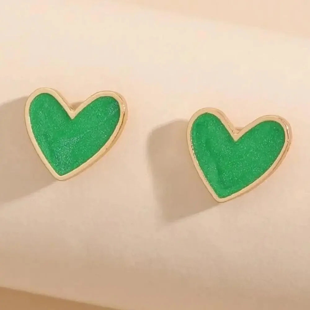 Green Gold Heart Stud Earrings Womens Costume Jewelry Cute Y2K Aesthetic Gift